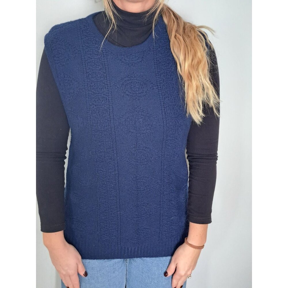 Vtg Pendleton Navy Blue Virgin Wool Sleeveless Sweater Vest M USA Floral Womens - Picture 4 of 7